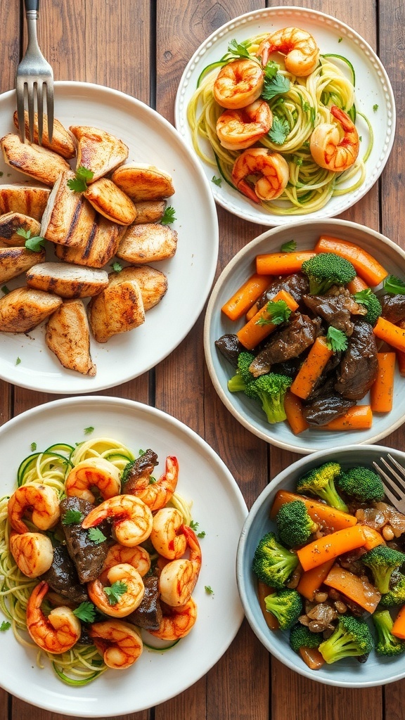 Delicious Zero Carb Dinner Ideas A colorful display of zero carb dinner options including grilled chicken, zucchini noodles with shrimp, and beef stir-fry with broccoli.